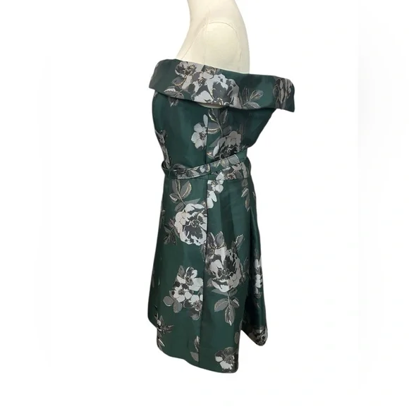 Eliza J Off the Shoulder Emerald Green Brocade Floral Belted Dress Sz 10 - Picture 6 of 16